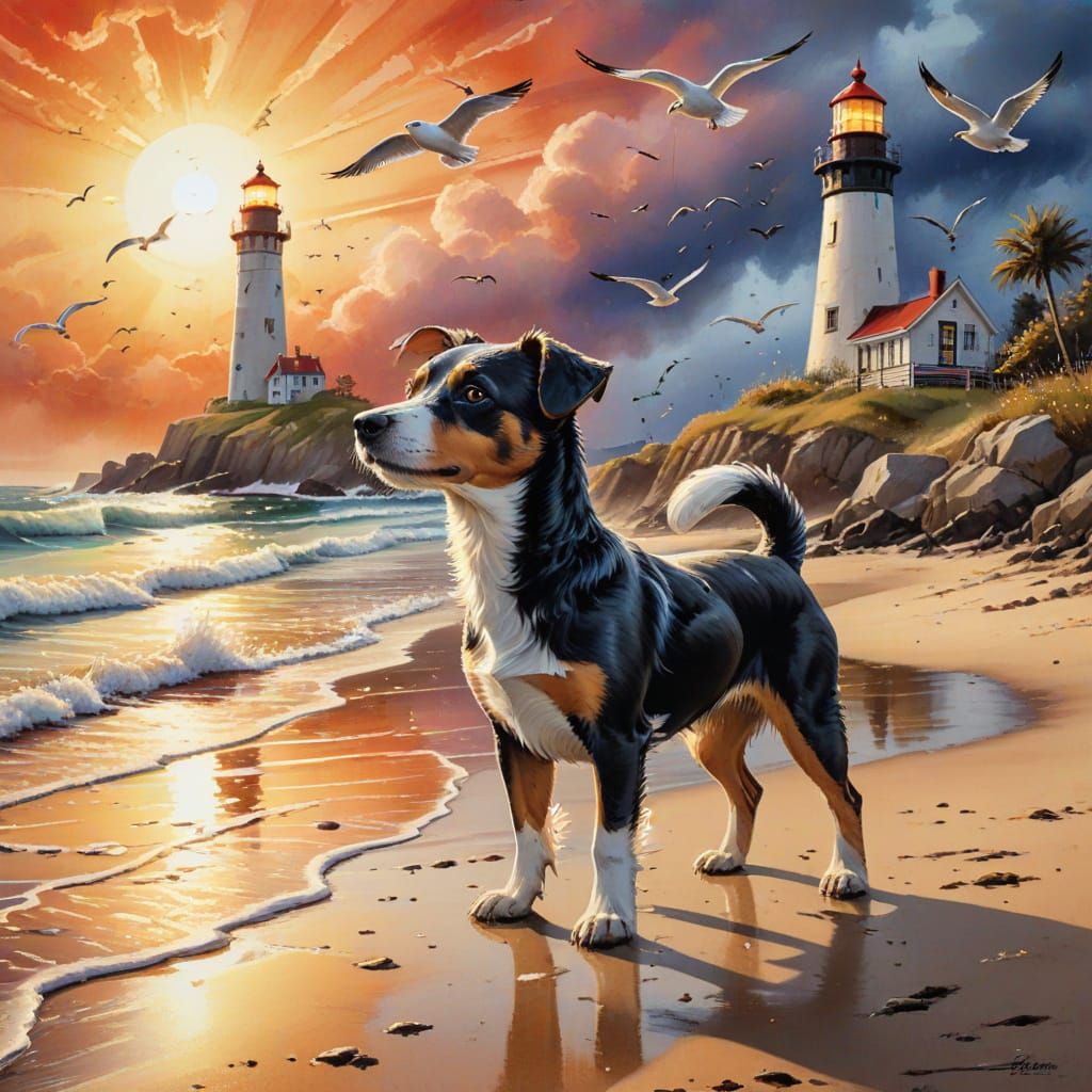 Bord de mer. - Dog on Beach with Lighthouse: Watercolor Illu...