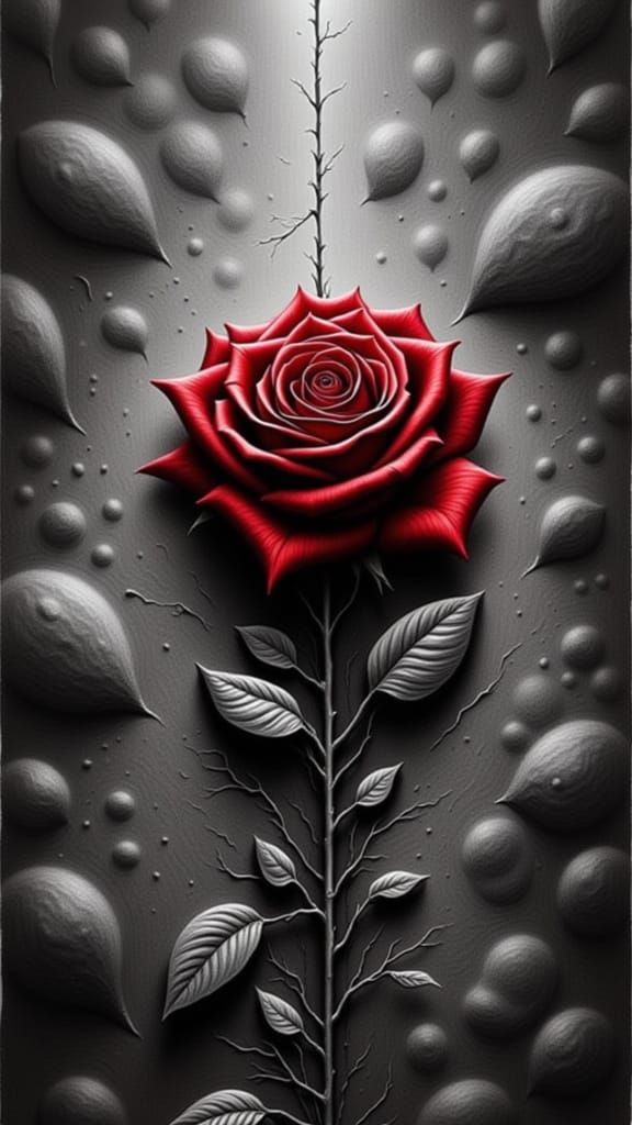 <lora:Graphite Rose 1:1.0> A red rose stands out as his  emotion against the graphite grayscale of forced identity ,
