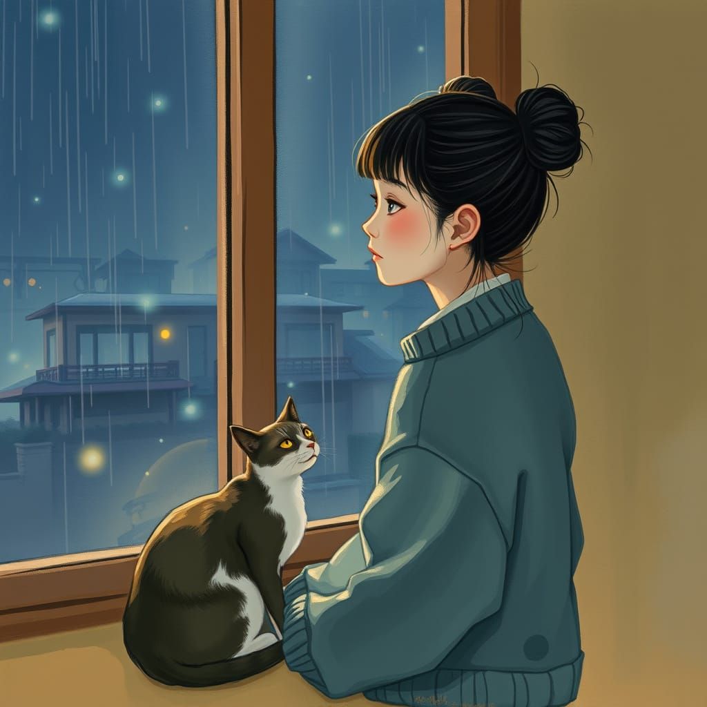 Chinese Girl Contemplates Rainy Night in Impressionist Style