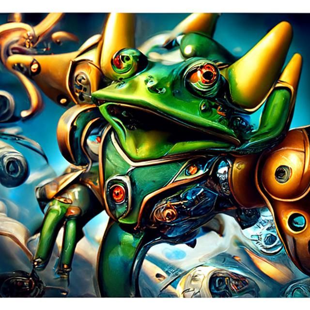 Green blue yellow cyborg frog monster cool biomechanical cybernetics beautifully detailed Radiant elaborate, Oil paintin...