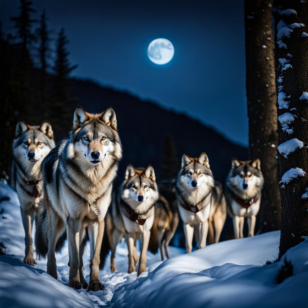 Muscular Wolf pack, deep blue eyes, monochromatic color fur,...