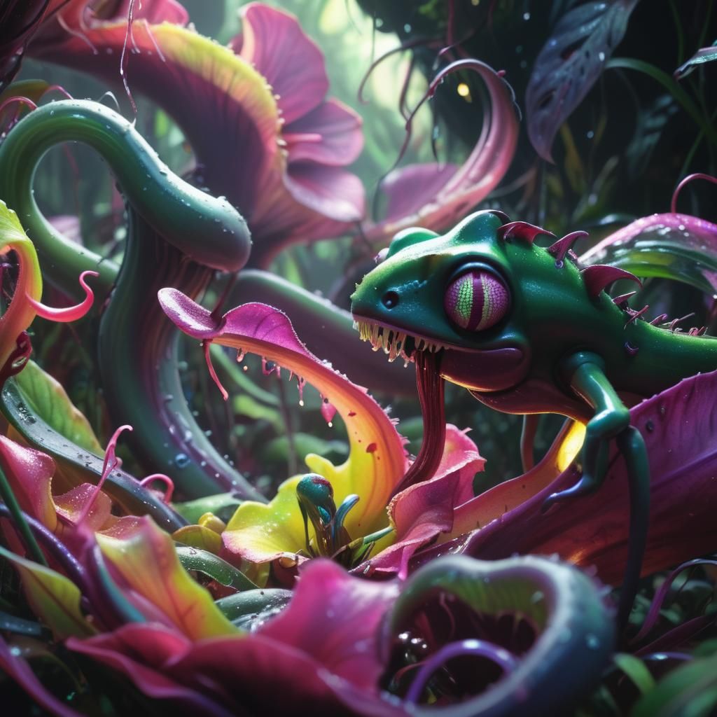 Hyper-realistic, mid shot. Cannibal plant eating its prey in a vibrant, technicolor jungle. Close up. Pixar-inspired 3D ...