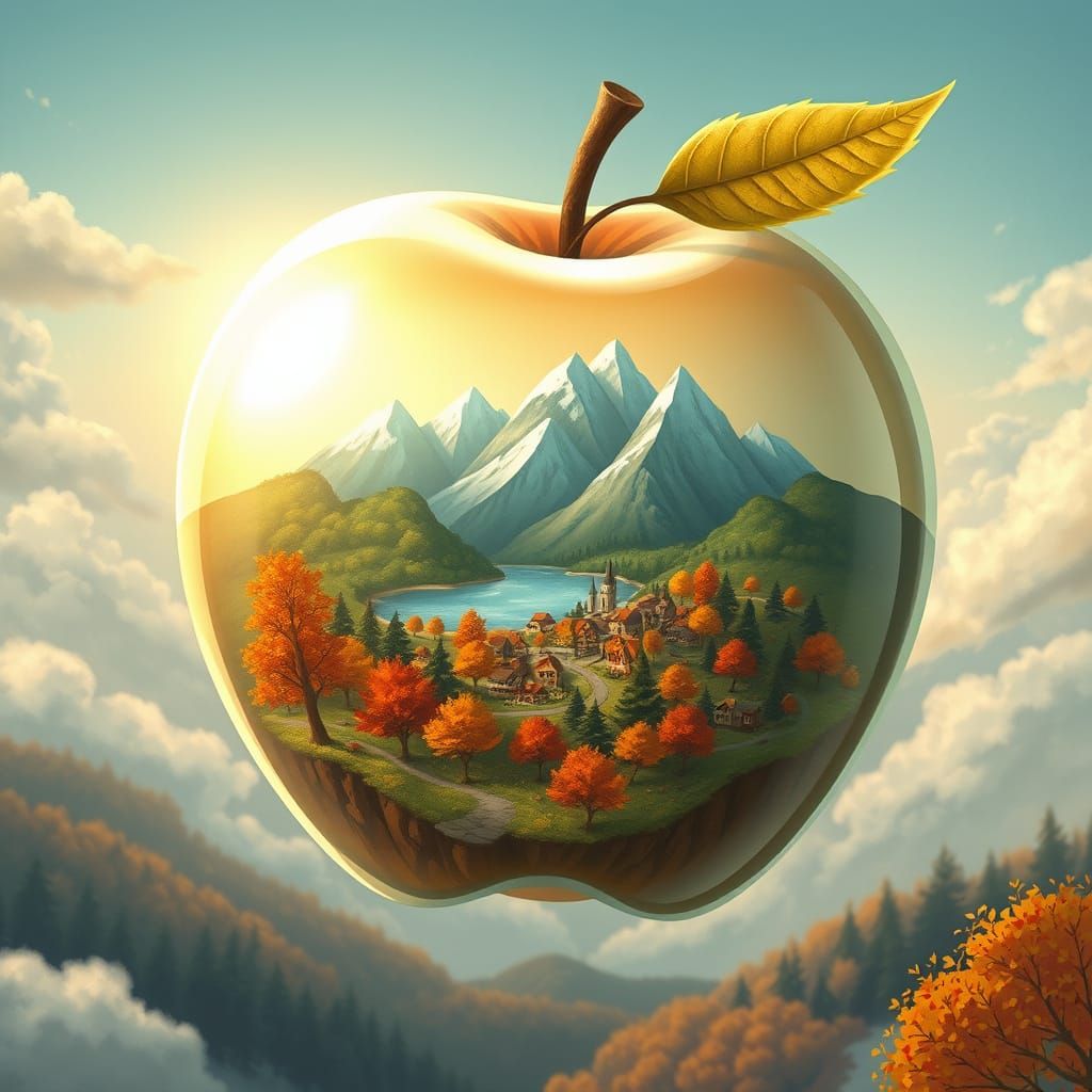 Surreal Floating Apple World: Autumn Fantasy Scene