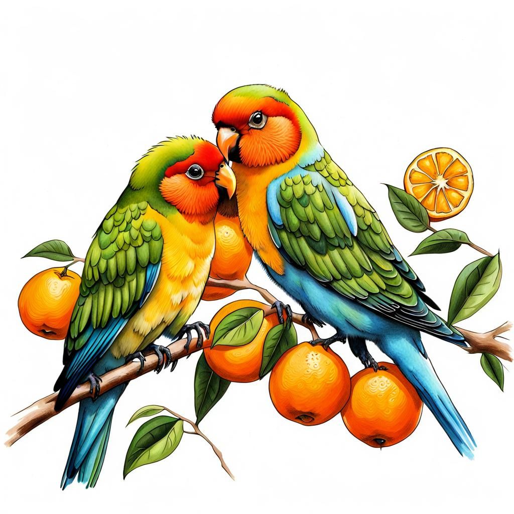 lovebird drawing birds eating oranges AI Generated Artwork