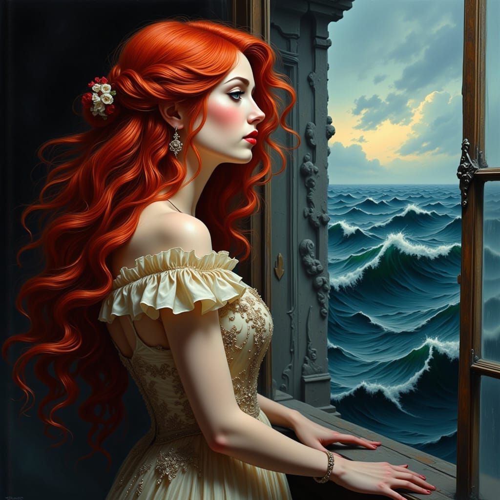 Melancholy Beauty: Woman Gazes at Stormy Sea
