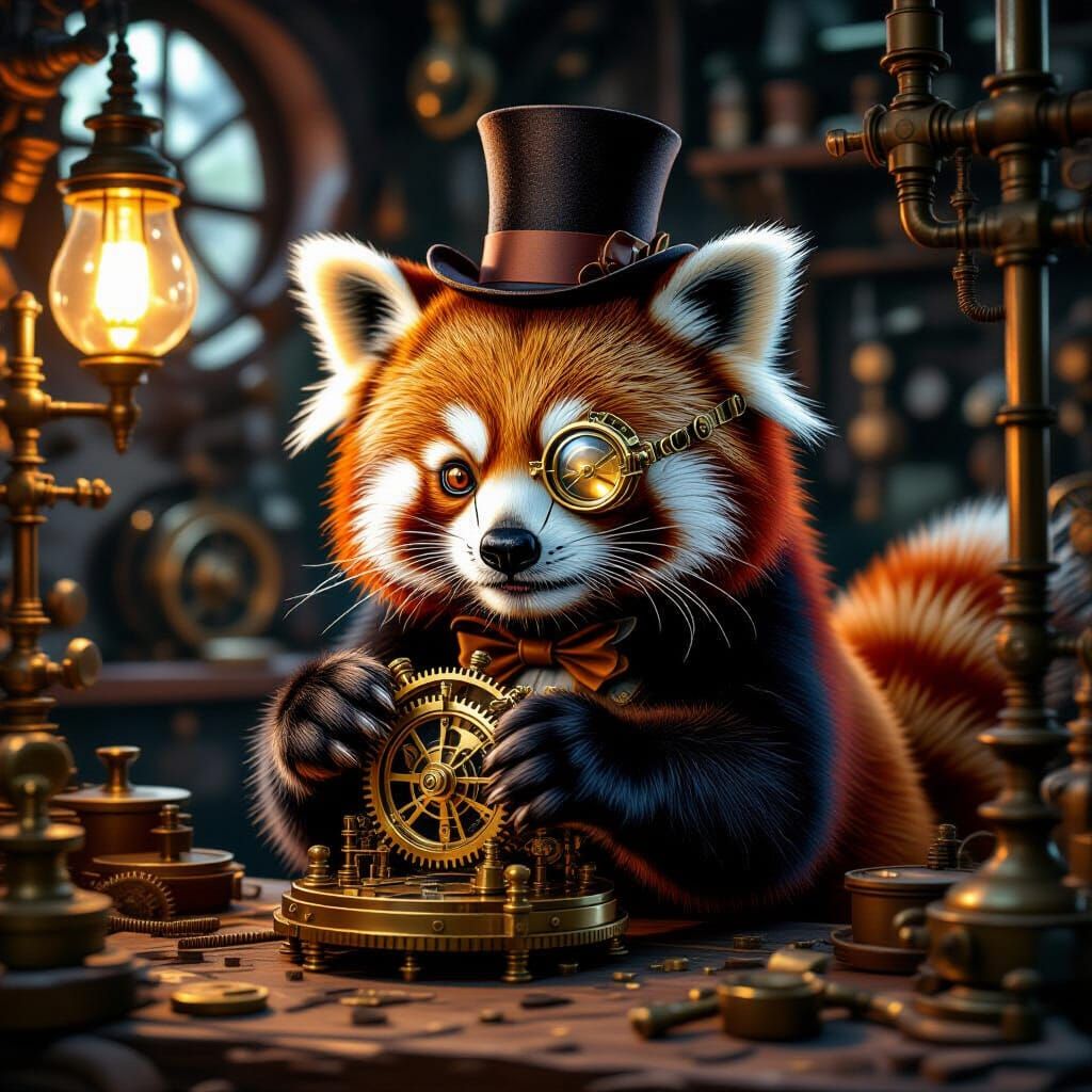 Steampunk digital painting. A red panda wearing a brass monocle and a tiny top hat, tinkering with a complex clockwork device in a cluttered...