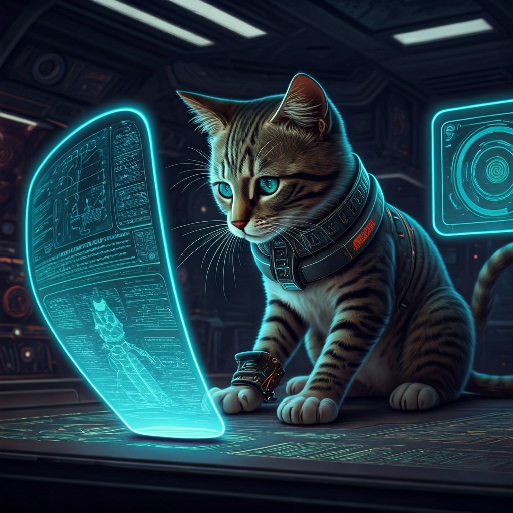 A futuristic cat from Generation Alpha plays with holographic toys in a high-tech room. The cat wears ...  by @JAYDE7