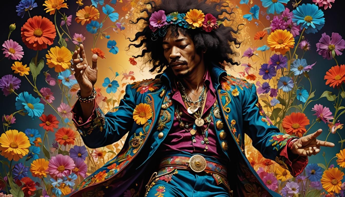 Jimmy Hendrix. Dancing, Flower power, Dreamy, Intricate, vibrant colours, psychedelic holographic Art; ...  by @undefined