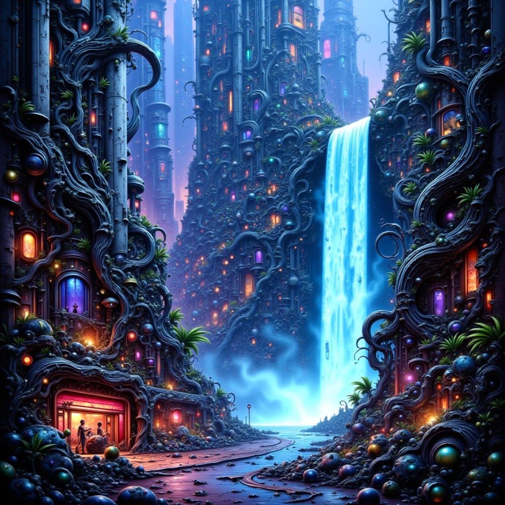 Cyberpunk Waterfall Cityscape with Bioluminescent Light