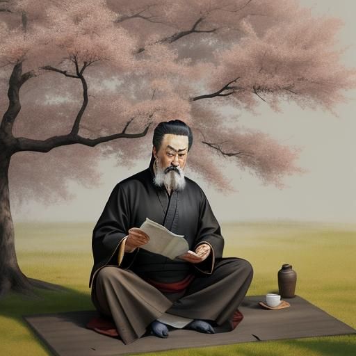 Confucius Reading Scroll in Oriental Ink Painting