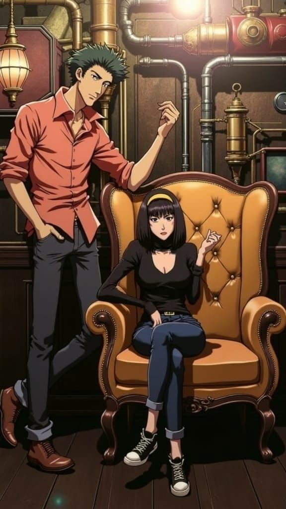 A tall, lean man stands confidently to the left of a yellow vintage armchair with rounded, tufted backrests. He wears a salmon-colored butto...