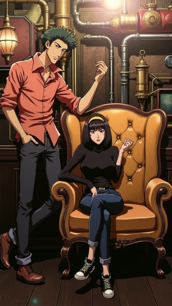 A tall, lean man stands confidently to the left of a yellow vintage armchair with rounded, tufted backrests. He wears a salmon-colored butto...