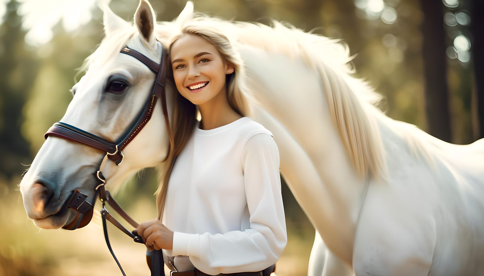 real photo of a single white horse in nature with female cut...