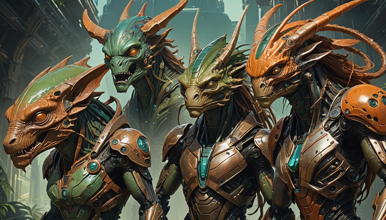 3 different alien-race riding big animals ,türkis,orange,bro...