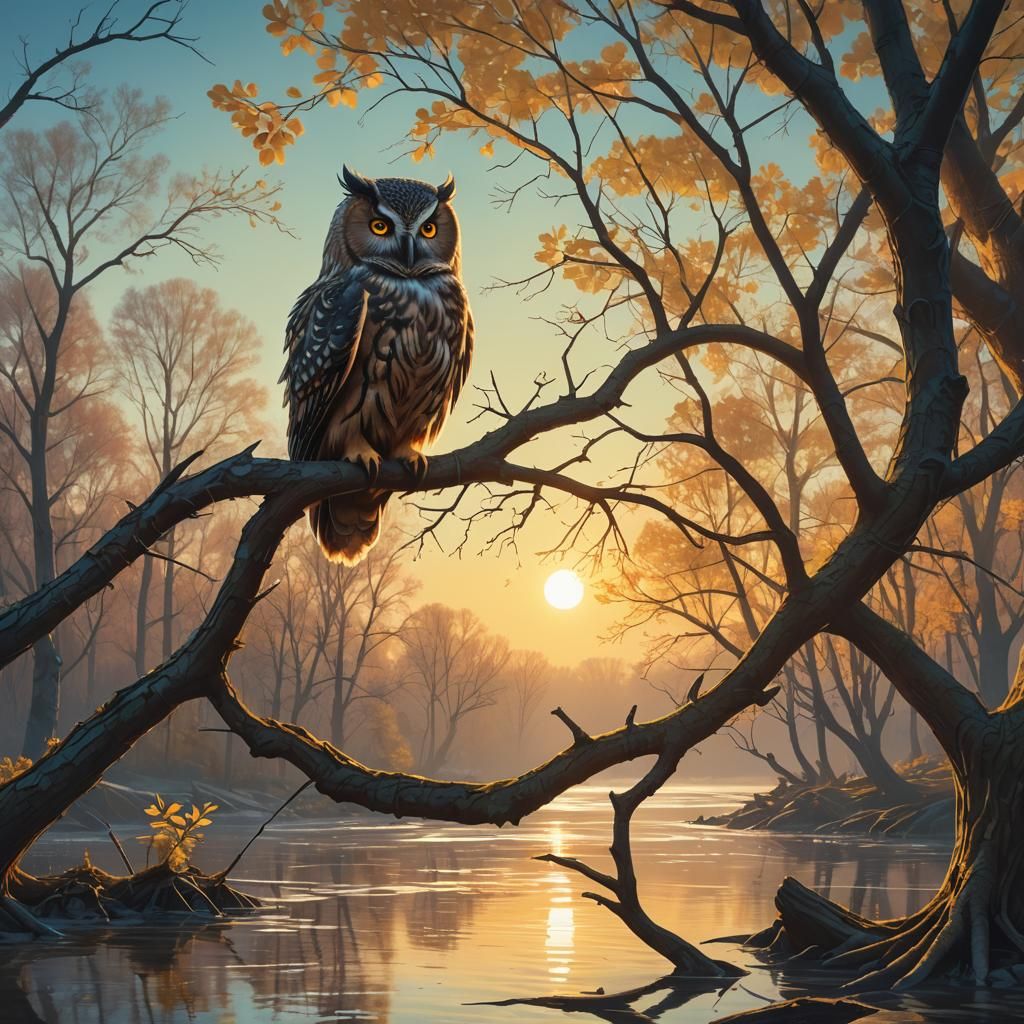 Fantasy Owl Gazing at the Sun