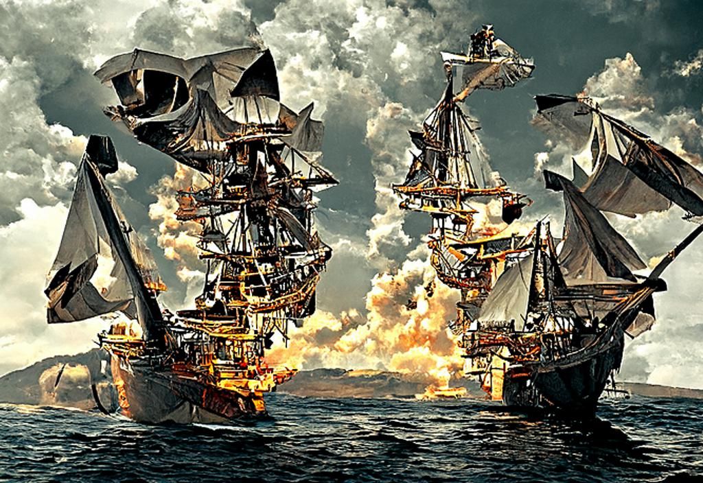 An intense image of two pirate ships firing at each other : r/nightcafe