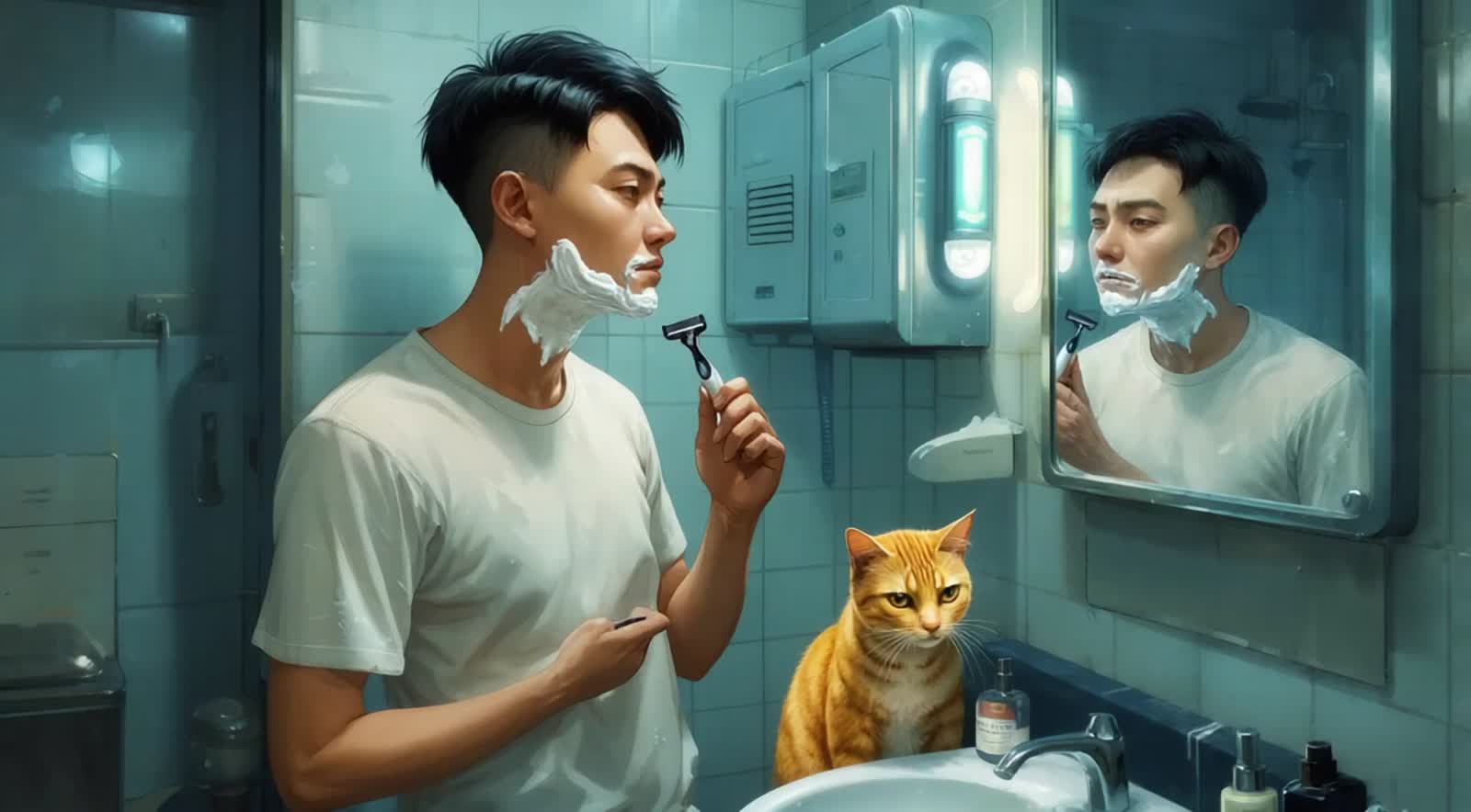 In a busy city bathroom, an Asian man with a neat crew cut is meticulously shaving his face with a razor, his brow furro...