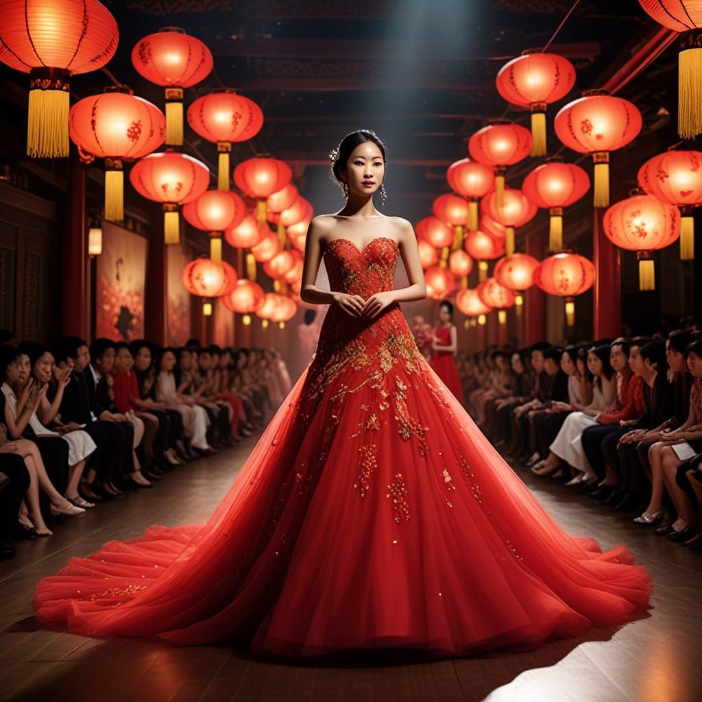 A Chinese model, in red tulle wedding dress on the runway
  by @Mapont