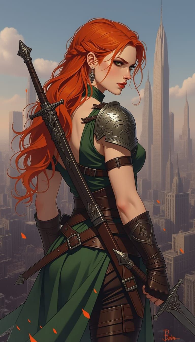 full body, in the rain, from behind, she looks over her shoulder, armed red-haired warrior, where danger and adventure await at every turn. ...