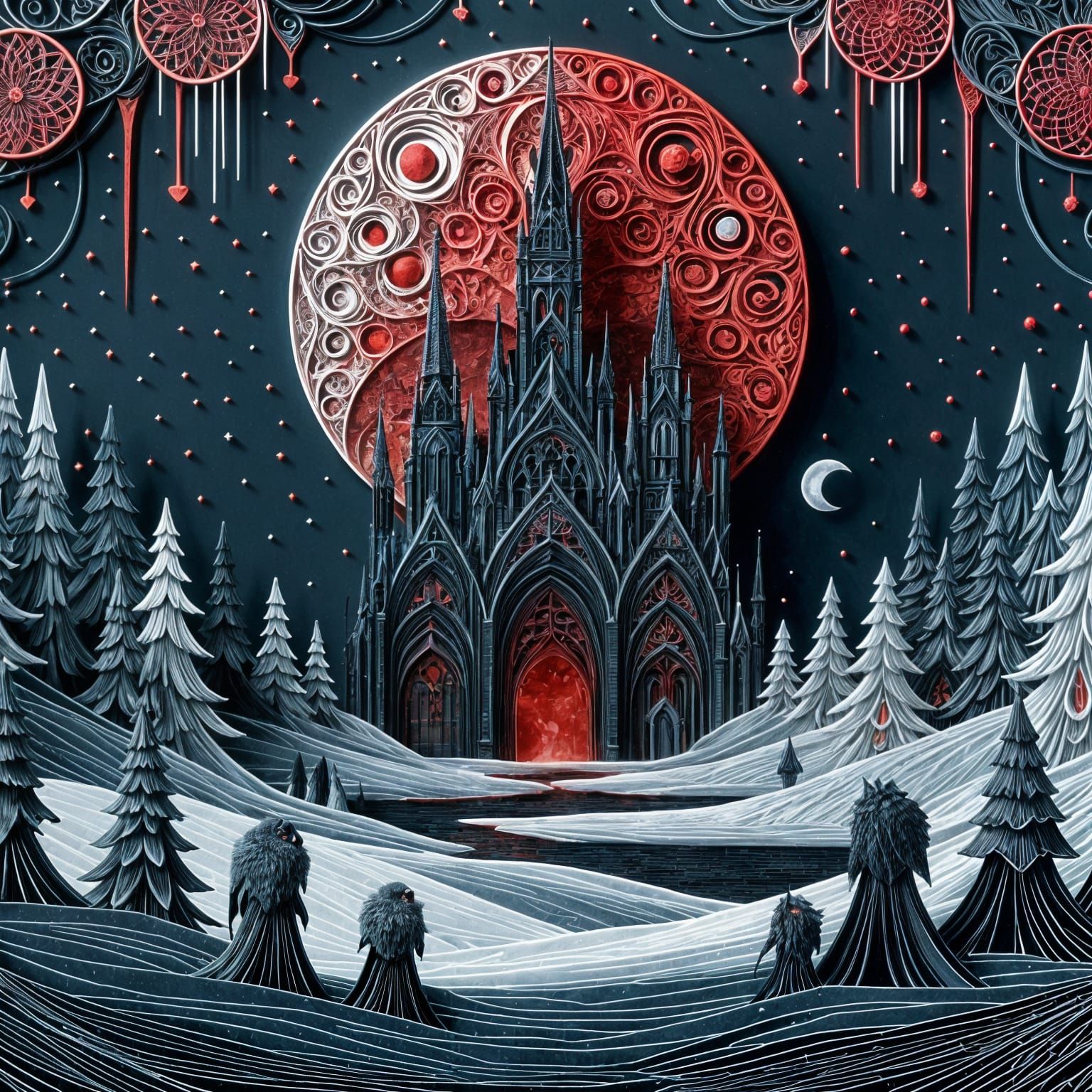 A dark winter kingdom sits beneath a blood-red moon.   by @KomBib