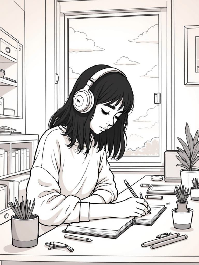 Billie eilish wearing oversized headphones, drawing in her notebook at a tidy desk, clean room layout with minimal decor, window showing clo...