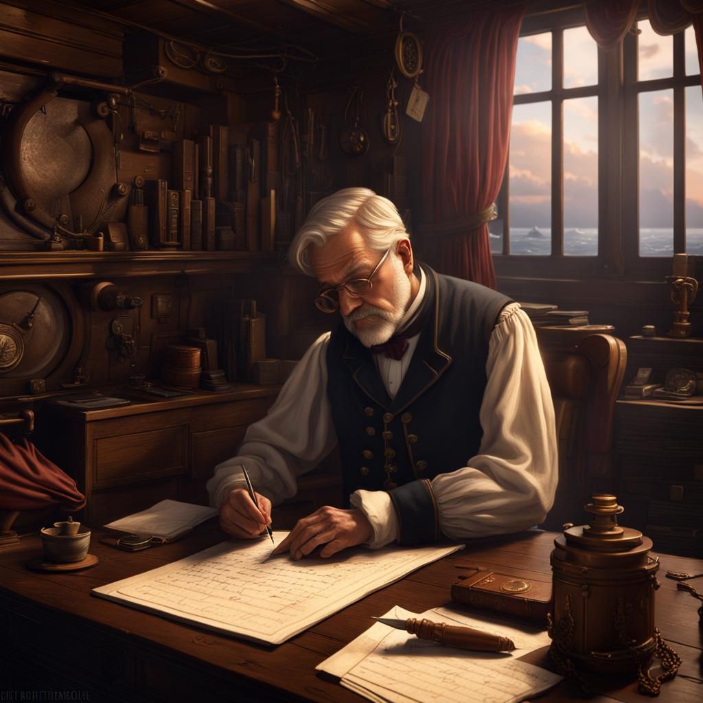 Horatio G. Spafford sitting in ship cabin writing with a quill pen  by @Morning Dawn