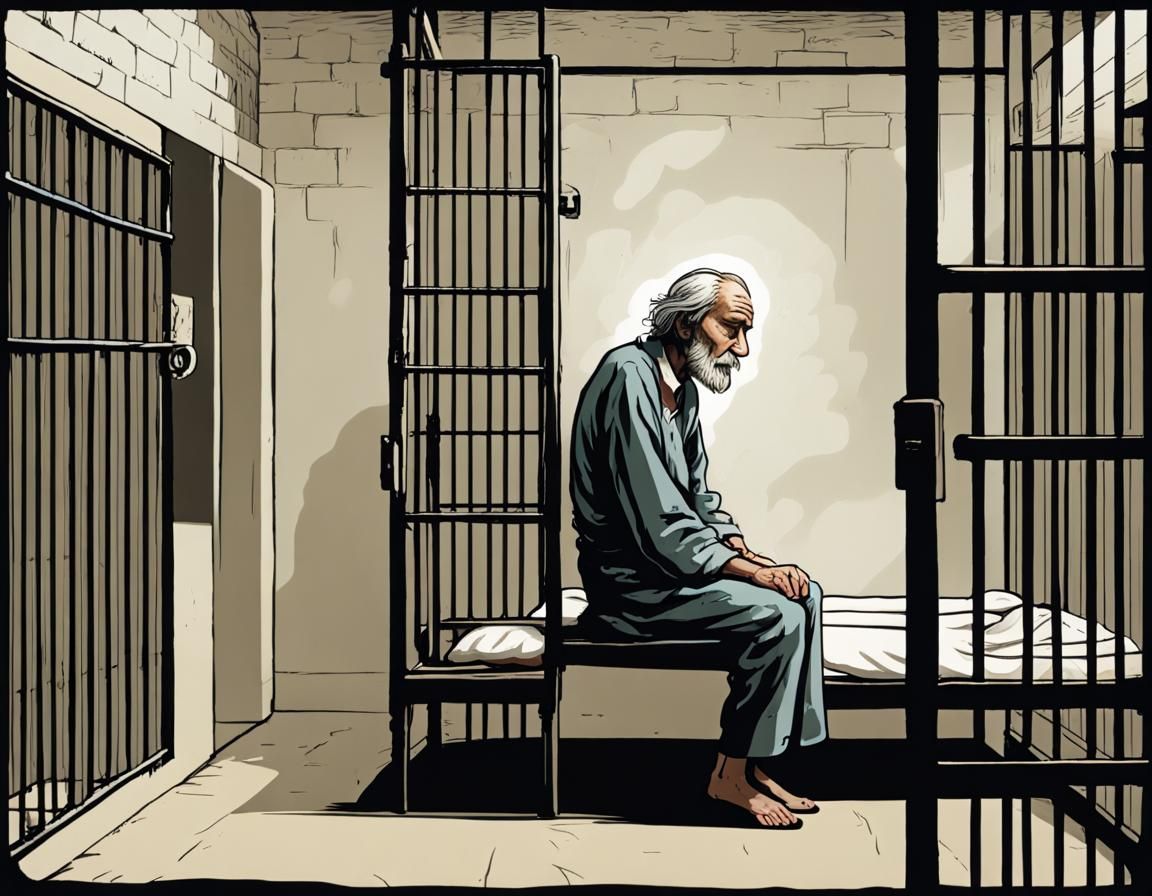 An old man sitting on a bunk in a prison cell :: he is suffe...