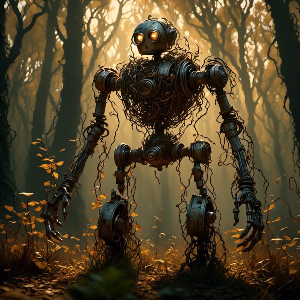  <lora:Unsettled:1.0> A vine-covered robot standing dormant in a forest clearing, with its metallic body rusting under the sunligh