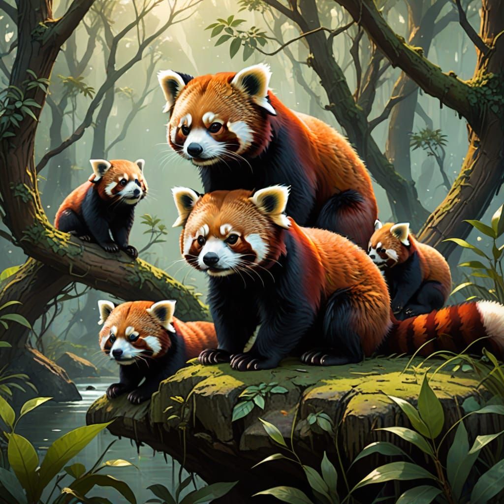 A red panda with cubs in it's natural habitat, 