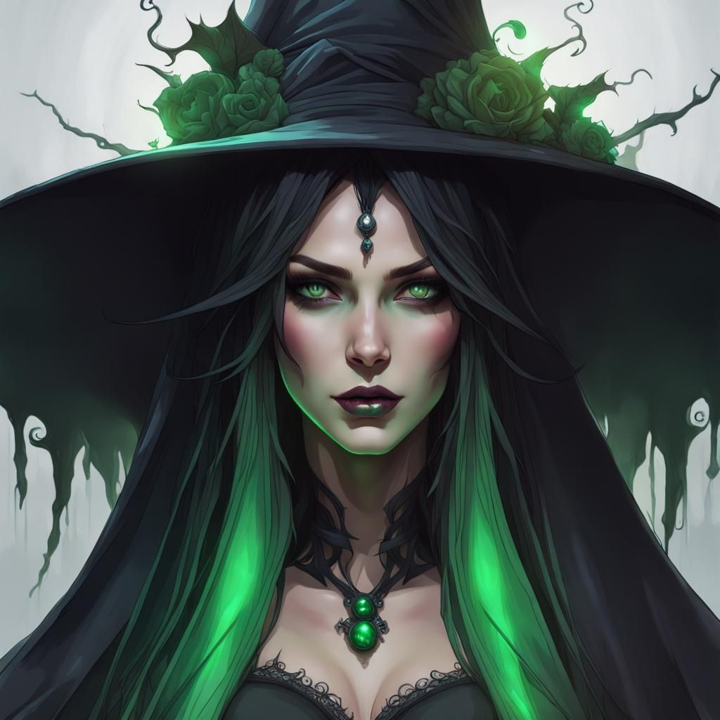 Beautiful Goth witch dressed in long gown and witch hat, lon...