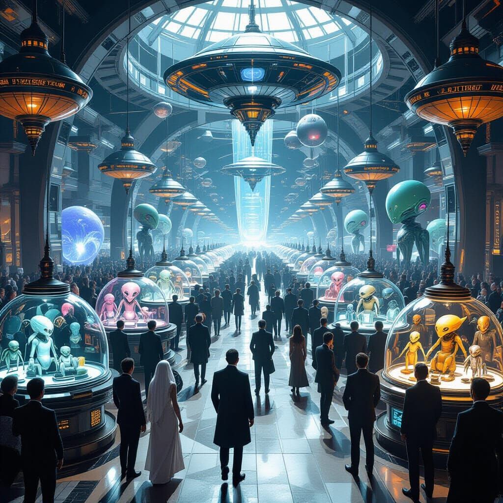 Alien Market run by humans, auction platforms displaying aliens from across the galaxy, large crowds of people bidding, aliens displayed in ...