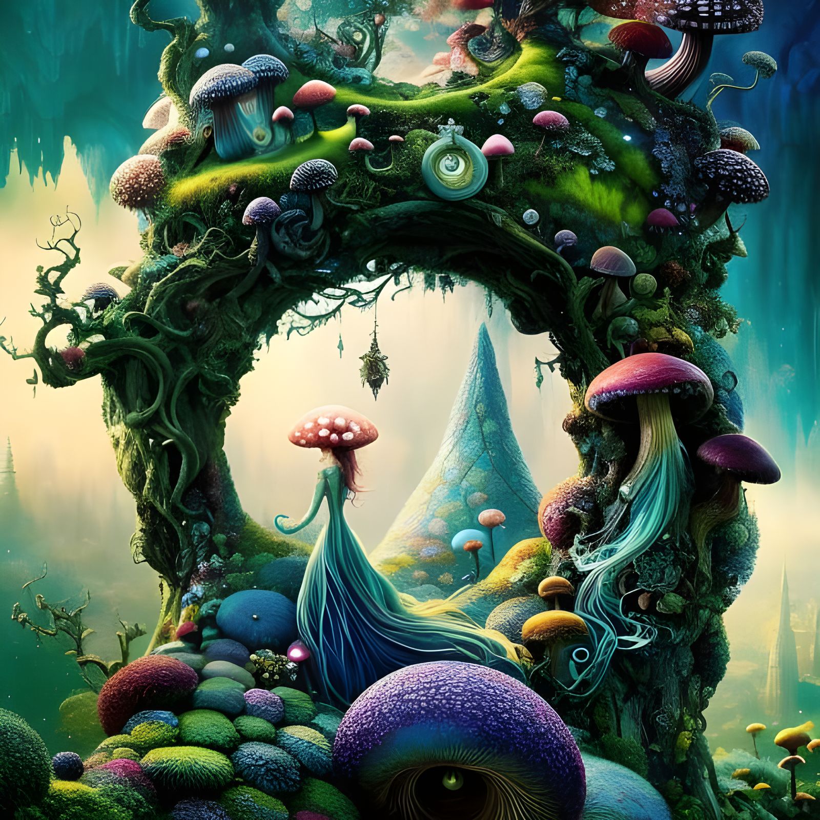 Blue Mushroom City Inside Shimmering Nature Portal