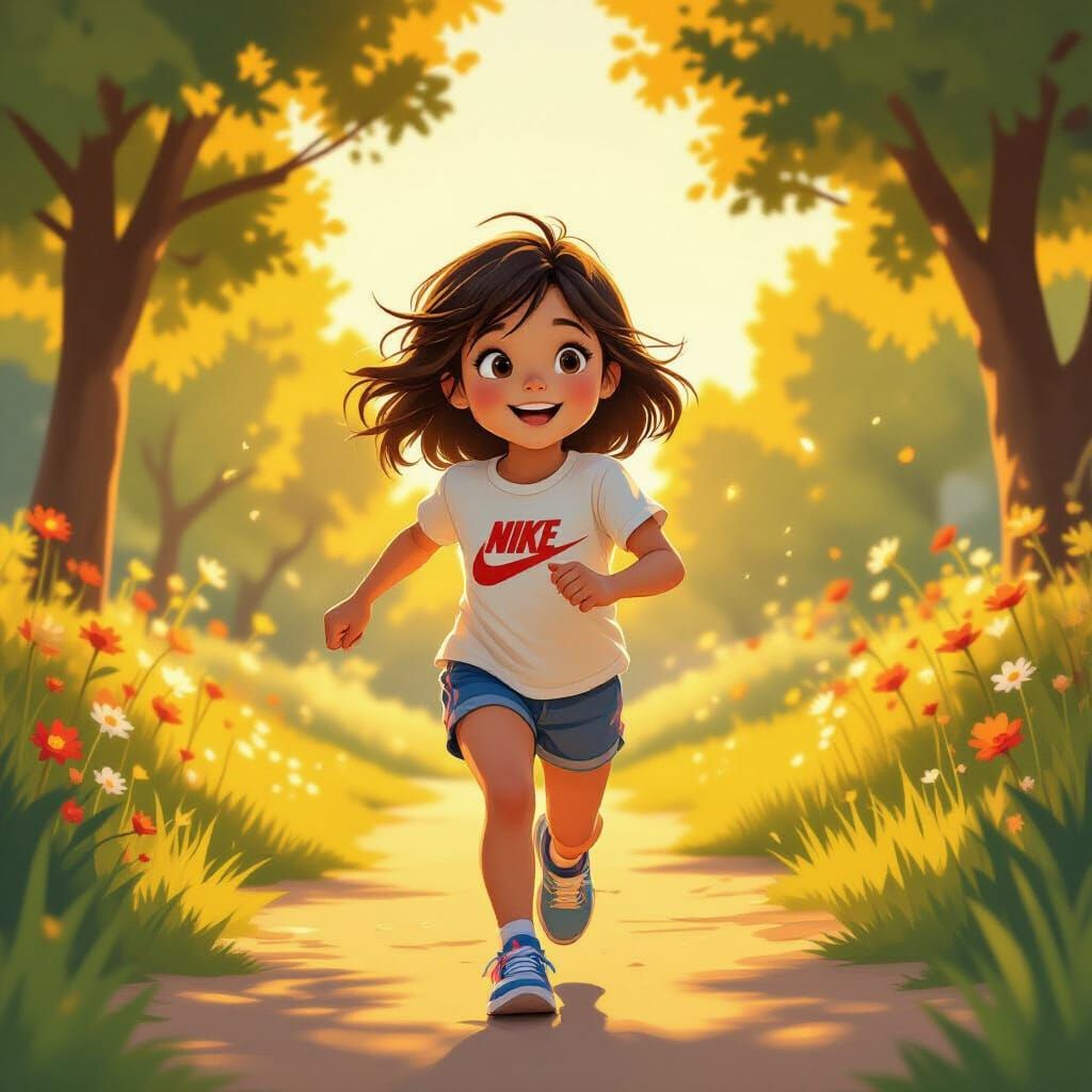 Joyful Girl Running in Golden Hour Park