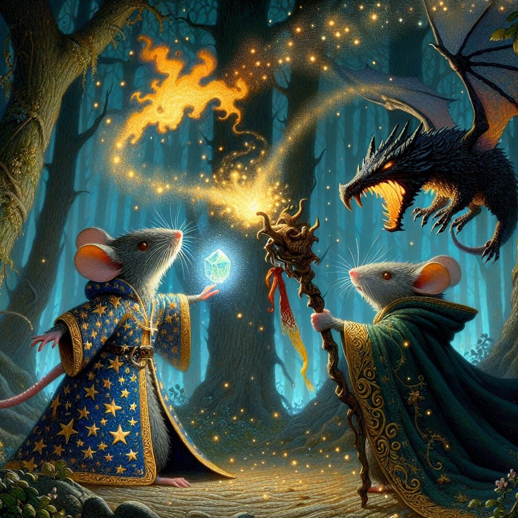 an enchanting, highly detailed scene of two wizard mice dueling in an epic magic wizards duel, a small mouse wizard wearing a starry gold an...