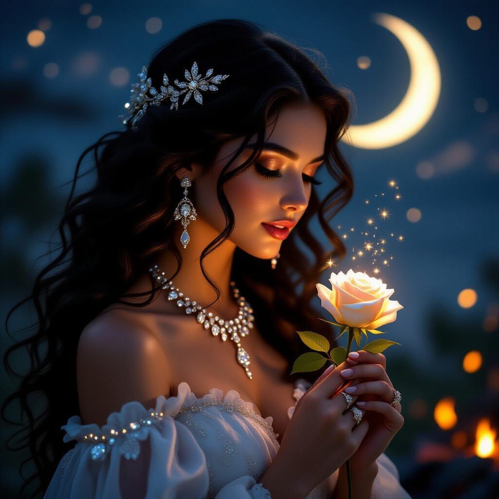 Ethereal Woman with Diamond Jewelry and Glowing Rose