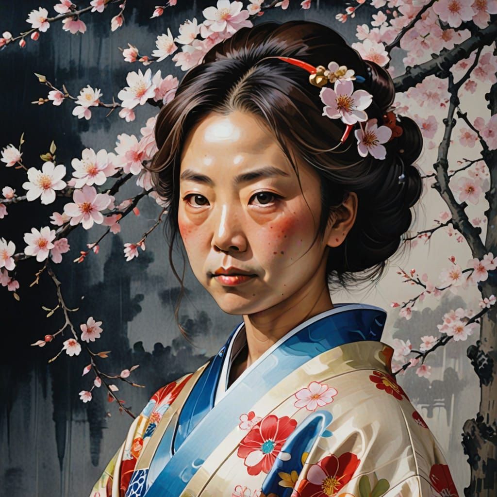 Traditional Japanese Woman Lost in Thought