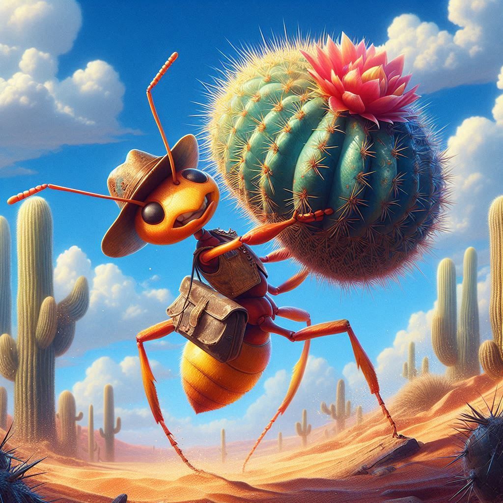 Whimsical ant carrying a heavy cactus