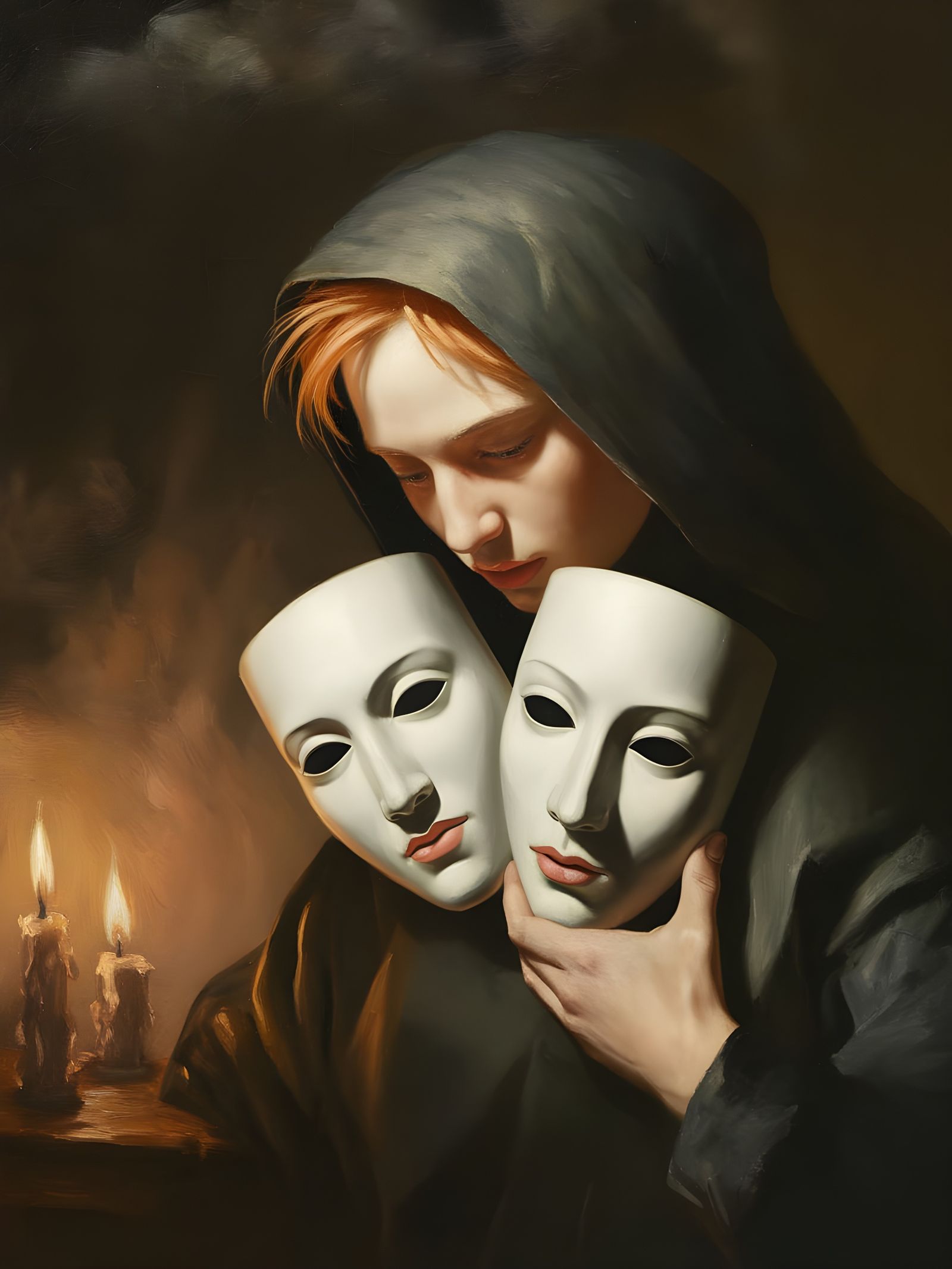 Chiaroscuro Portrait of Identity with White Masks