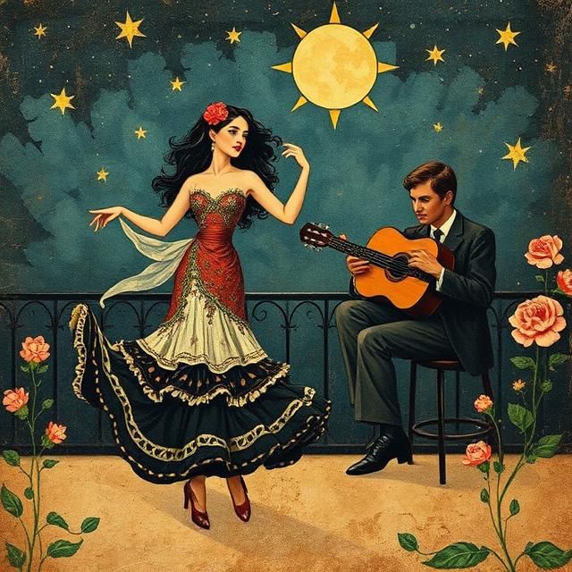 A FLAMENCO DANCER DANCING UNDER THE STARS,  A SEATED GUITAR ...