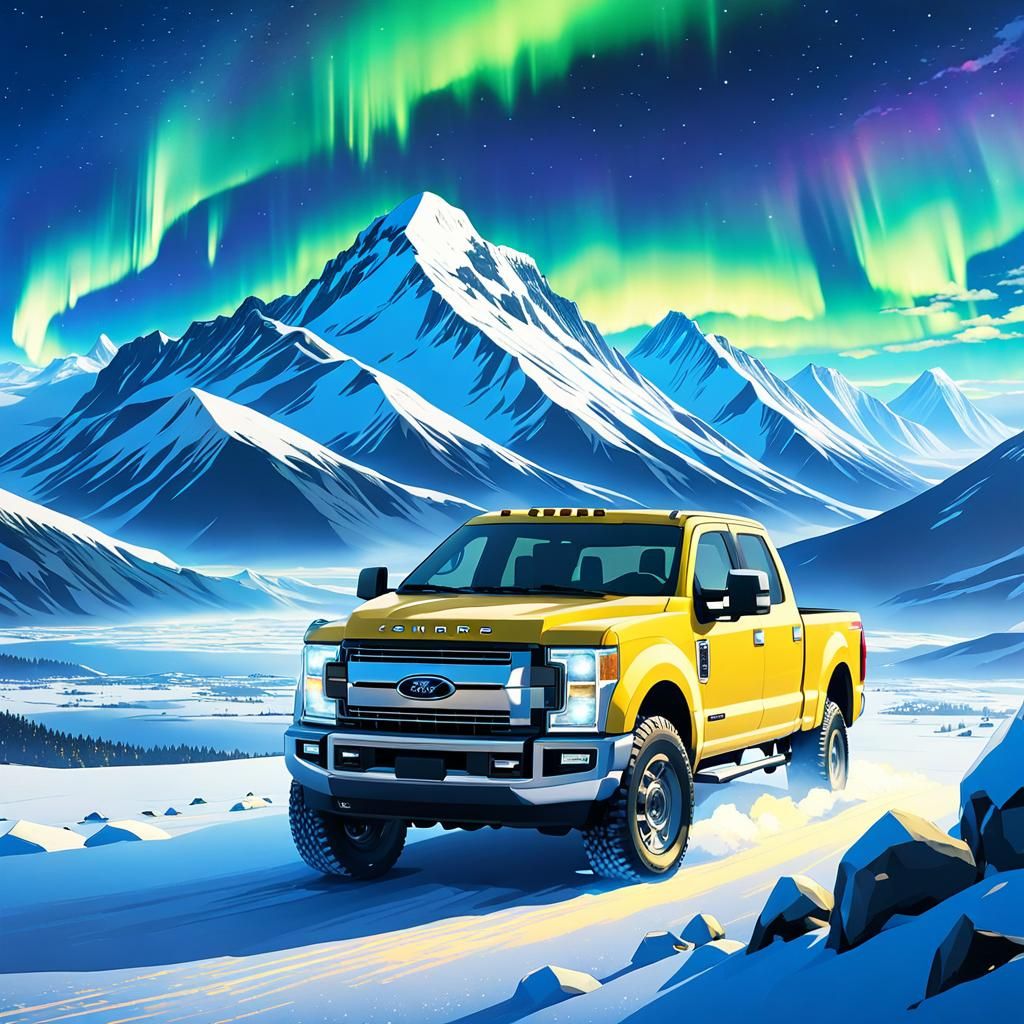 Artic expedition Ford F-250, snowcapped mountains in backgro...