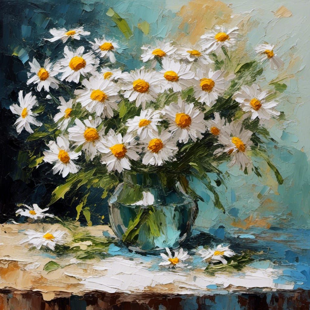 Daisies on table <lora:Oolii:1.0> loose oil paint