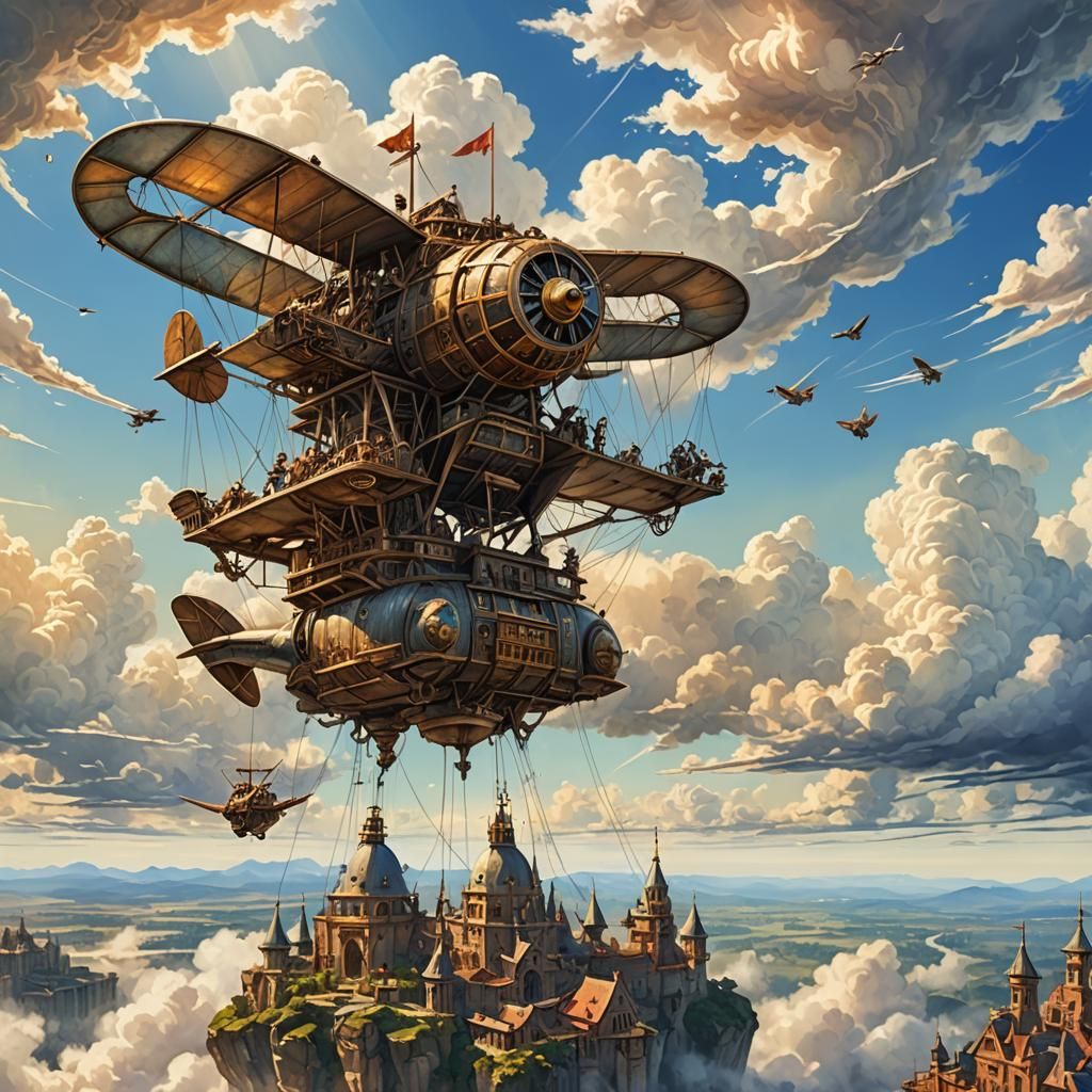 ancient fancy flying machine flying in the blue sky