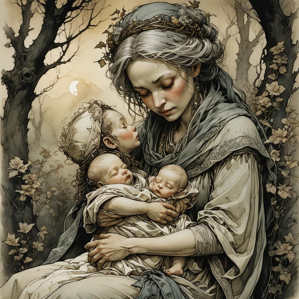 the little baby is comforted by his mother, by Posuka Demizu...