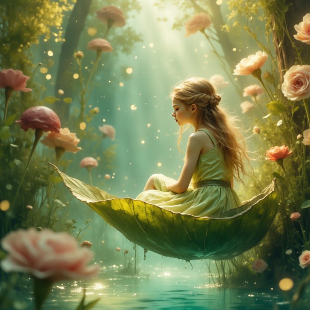 Thumbelina Drifting on Pastel Stream in Dreamy Lighting