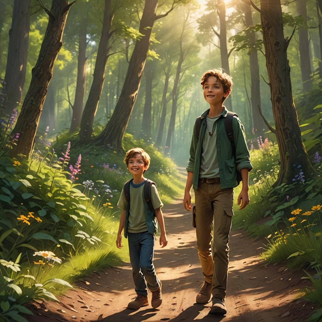 Boy Beckons Friends Through Forest in Golden Light