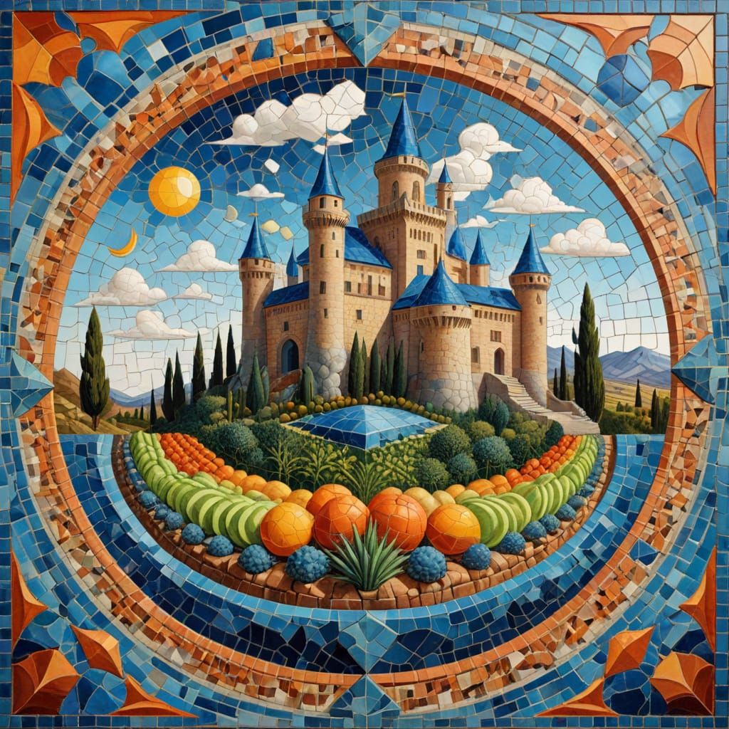 Mosaic style, large scale castle, moat with lava, Fort made of stones, large garden for fruit and vegetable ...  by @My Wikkid Blakk Heart