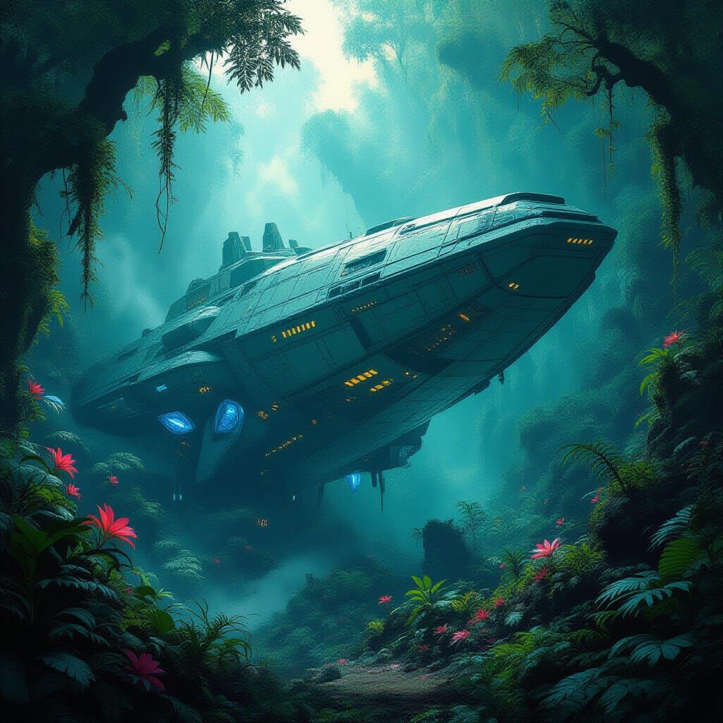 A colossal, ancient spaceship, half-buried in a vibrant, alien jungle, with bioluminescent flora casting an ethereal glow. Strange, crystall...