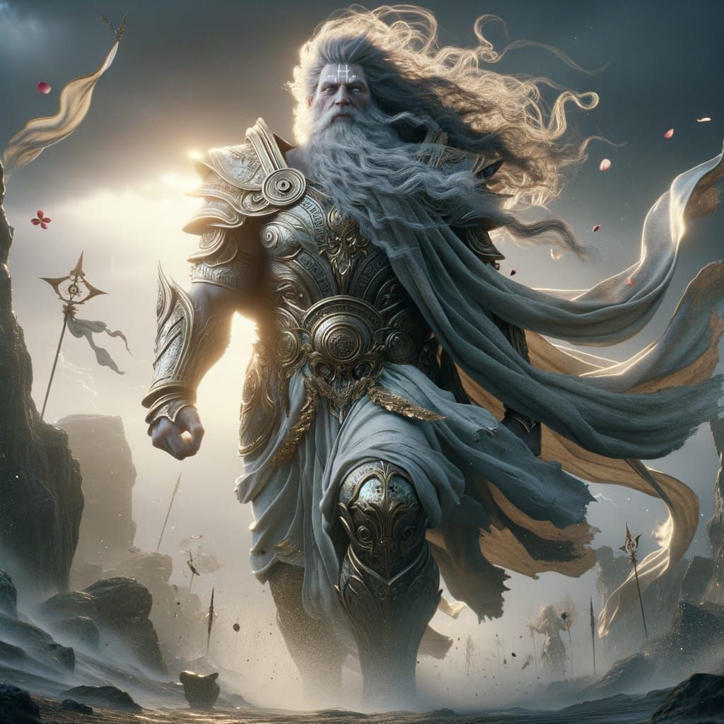 **"In mythological realism, Bhishma walks in slow motion toward the camera — a giant, god-like warrior of towering presence. His silver armo...