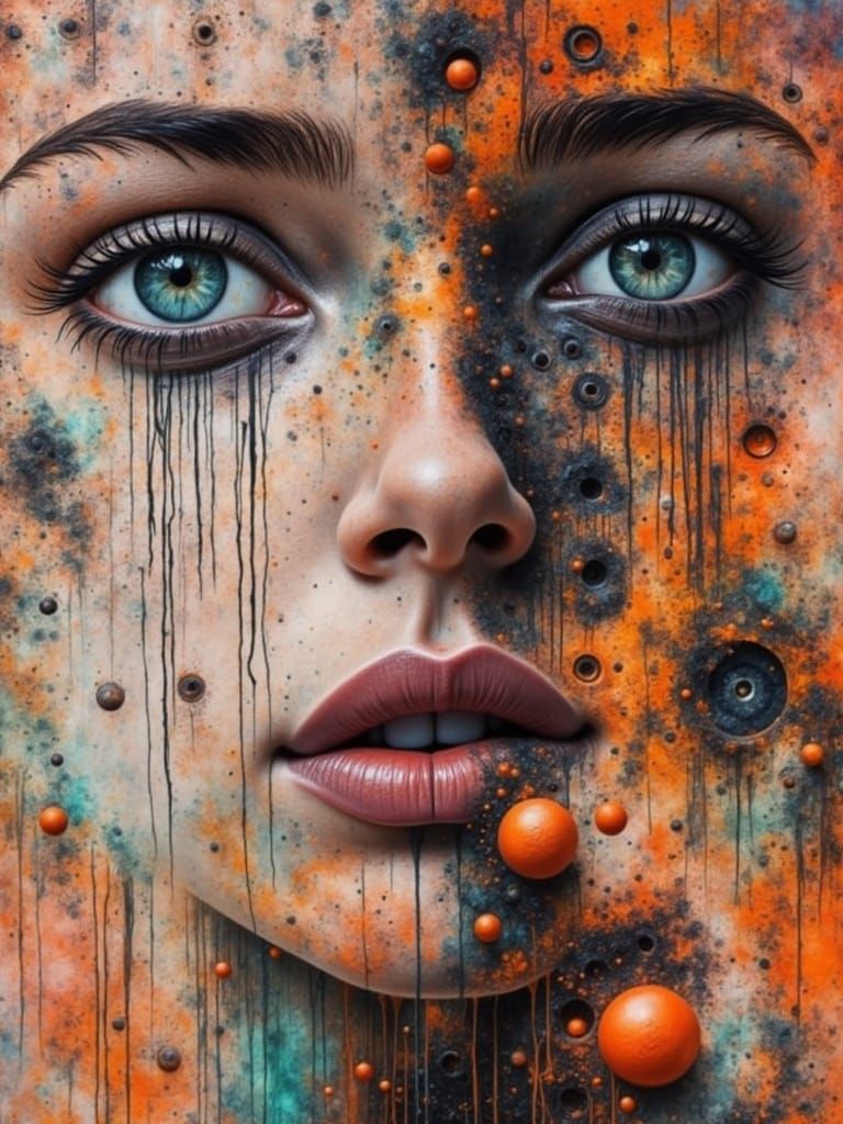 <lora:Abstract Reality:1.0> abstract face superimposed on orange, black, and teal surreal abstraction ...  by @Karrisa