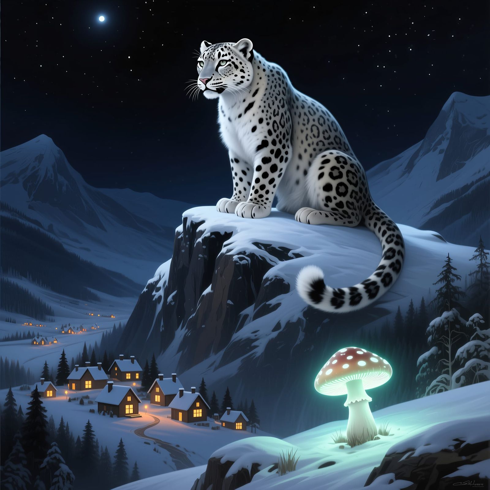 Snow Leopard Overlooking a Magical Village
